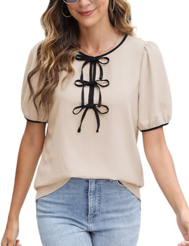 CiCiBird Womens Dressy Casual Shirt Summer Work Blouses Tie Front Puff Short Sleeve Tops Apricot M