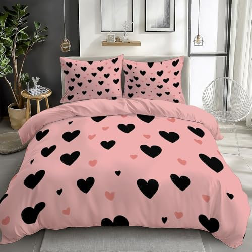 Set Copripiumino con Stampa Stile Semplice a Forma di Cuore 200 x 200 cm, con Chiusura a Cerniera, per Bambino e Adolescenti, Copripiumino con Minimalismo (1 Copripiumino + 2 Federe)