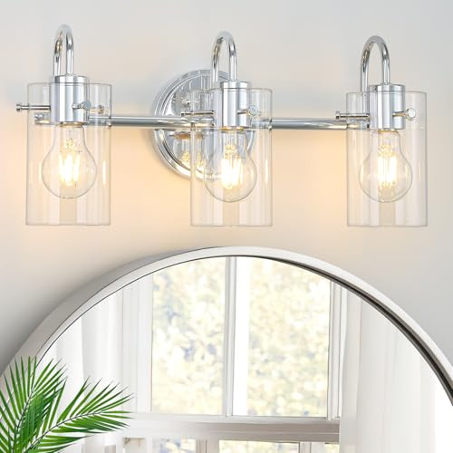 Apenath 3 Lights Vanity Light, Polished Chrome Bathroom Wall Light Fixture Over Mirror, Modern Wall Sconce with Clear Glass Shade, Farmhouse Mount Lamp for Washroom, Living Room, Workshop