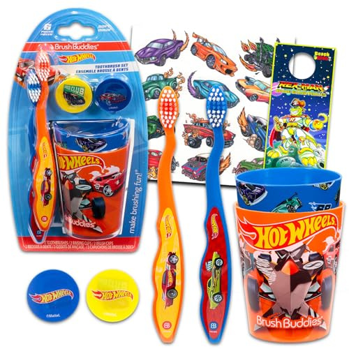 Hot Wheels Hot Wheels Ensemble brosse à dents et gobelet pour enfants – Ensemble avec brosse à dents, gobelet, autocollants, et plus encore | Soins dentaires Hot Wheels pour garçons et filles