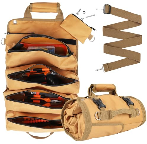 Werkzeug-Organizer-Tasche, faltbar, aufrollbar, strapazierfähig, Werkzeugtasche für Mechaniker, mit 2 abnehmbaren Taschen, Geschenke für Väter, Männer, Geburtstag, Vatertag, khaki