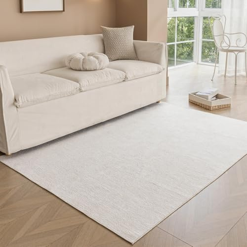 Obundi Low Pile Rug, 80x150cm, Cream Bedroom Rug, Area Rugs Living Room, Small Machine Washable Rugs, Non Slip Short Pile Bedside Square Soft Thin Chenille Carpet for Kids Room