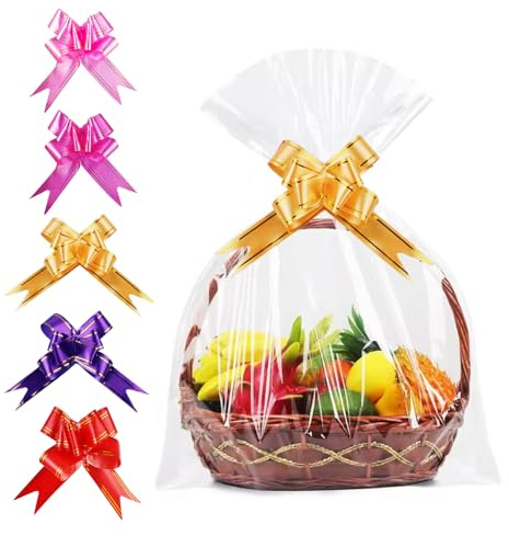 5 Stück Extra Groß Geschenkfolie für Blumen, Geschenkkörbe, Kunsthandwerk | Transparent Cellophantüten 70x100cm, Durchsichtiges Geschenkpapier mit 5 Zugschleifen, Cellophan Geschenktüten Set