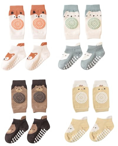 QINGZY 4-Paar Knieschoner und Babykrabbelsocken, weiche Baumwollsocken, antirutschend, für Kleinkinder 0-12 Monate