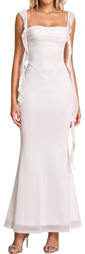 KUTUMAI Elegant Long Formal Wedding Guest Dresses for Women 2026 Ruffle Bodycon Cocktail Party Maxi Dress White M