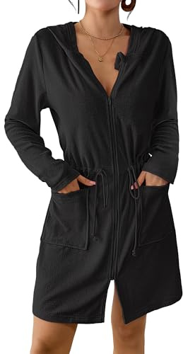 Bsubseach Women Zip Up Hooded Terry Cloth Beach Robe with Pockets Black XXL