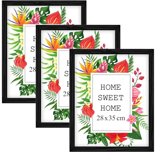 MG Design Set aus 3 Schwarz Bilderrahmen 25 x 35 cm – Aus echtem Holz mit Acrylglas, zum Aufhängen & Aufstellen, für Fotos, Poster & Puzzle