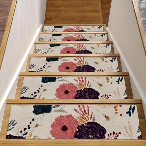 Luoweisi Tappetini per scale in legno, motivo floreale vintage, confezione da 15, 76,2 x 20,3 cm, antiscivolo, per interni, per cani, bambini, anziani, con adesivo riutilizzabile