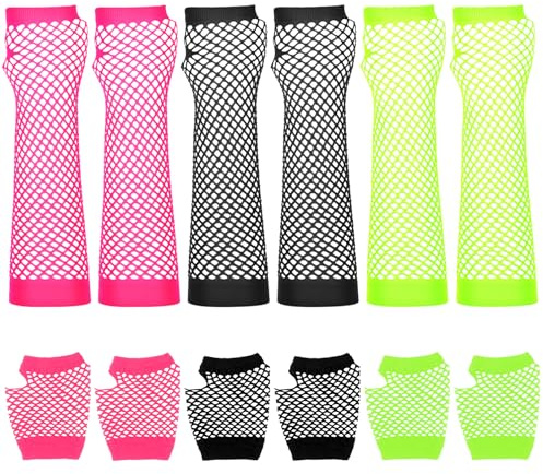 Matwsec 6 Pairs Fishnet Gloves Fingerless Neon Gloves, Long Fingerless Fishnet Arm Sleeves for Halloween Party Cosplay Costume for Women Men 80s Mesh Gloves Emo Goth Punk Scene Accessories