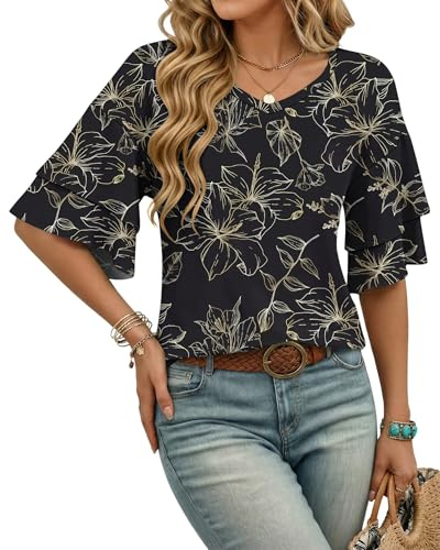 WNEEDU Magliette Donna Manica Corta Estivo T Shirt Collo a V Stampa Floreal Top Camicia Donna Elegante Maniche a Balze Taglio Ampio Casual Blusa Nero Oro Foglia XXL