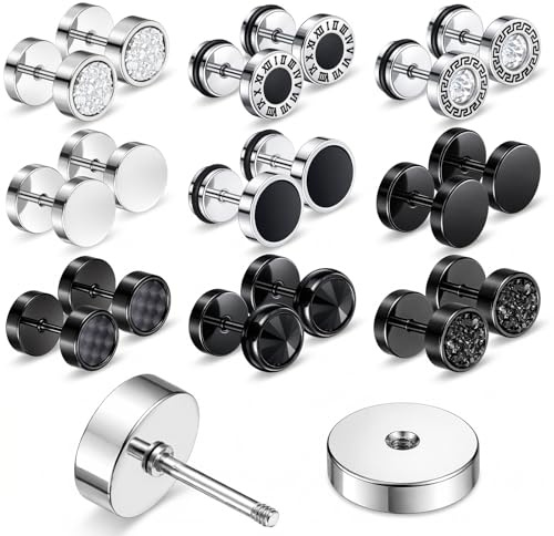 JJUNW 9Pairs Fake Gauge Earrings|, Earrings Studs Round Faux Gauges, Stud Earrings Stainless Steel Illusion Tunnel Plug for Women Men