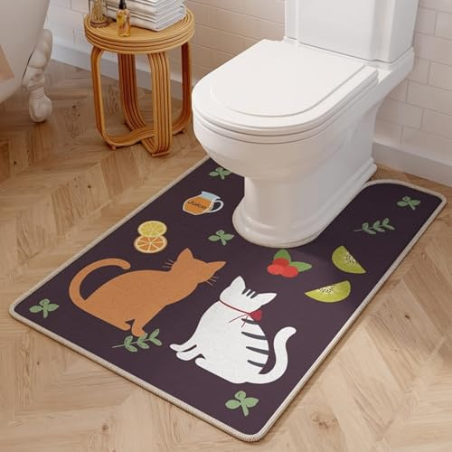Treer WC-Vorleger mit Ausschnitt, Toiletten Vorleger für Stand Kieselgur WC U-förmig Badematte Teppich Weich rutschfest Waschbar für Freistehende Toiletten (Weiß-braune Katze,50 * 80cm)