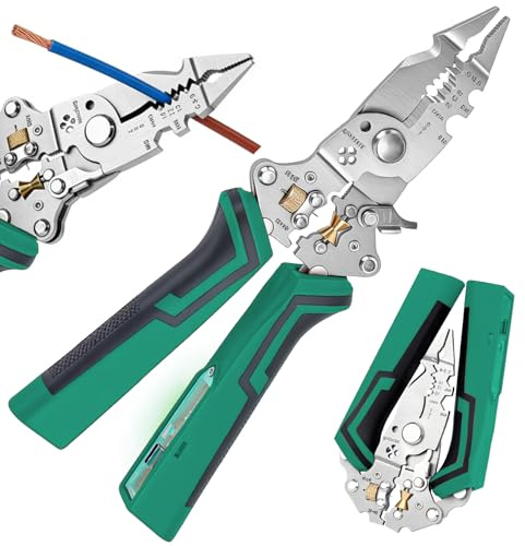 Alicates pelacables 14 en 1 con función de medición de corriente, alicates multifuncionales, barra de electricista, pinzas para cables, probador de tensión 12-250V AC/DC para pelar, bobinar (verde)