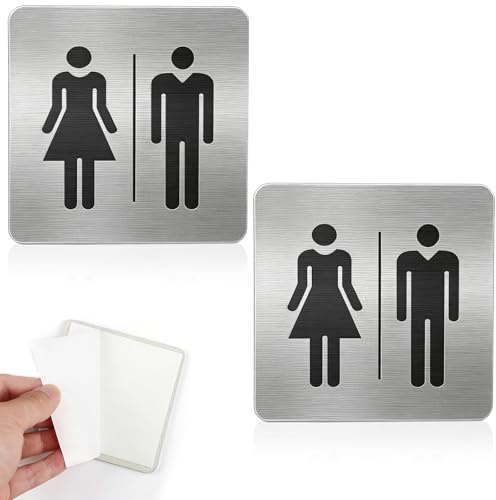 Targhetta per Porta - Toilette WC Donne Uomini Set di 2 Targhetta Cartello Targa Cartello Bagno Targa Acciaio Inox Auto-Adhesiva Targhe per WC per Interni ed Esterni, 9,5×9,5 cm