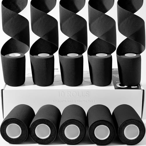 HONYAO Självhäftande Bandage 10 Rullar, 7,5cm x 4,5m Self Adhesive Bandage för Hundar Katter, Kohäsiv Binda för Sporthandled Fotled Sträckning Vrickningar Svullnad Första Hjälpen, Svart