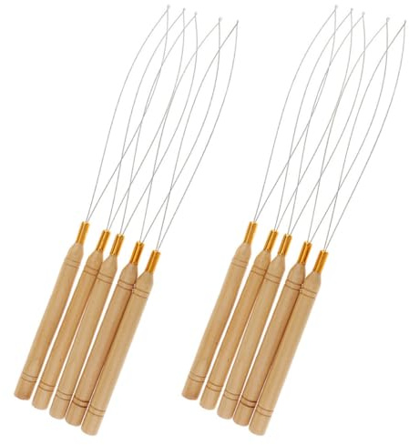 DECHOUS 10 Piezas Gancho para Tirar del Cabello Mango de Madera, Agujas de Crochet de Acero Inoxidable para Extensiones de Cabello, Herramientas para Micro Anillos y Microperlas