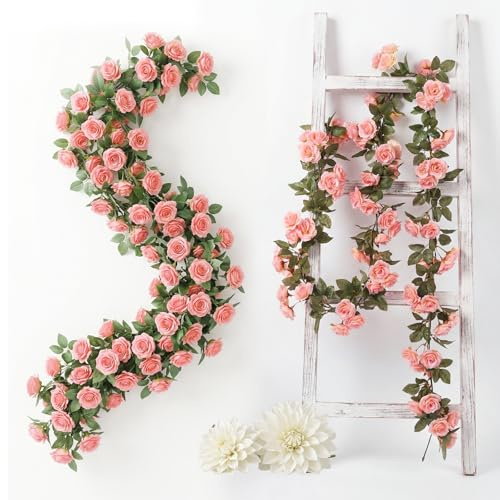 Qivra 2 Piezas Guirnalda de Flores Artificial Rosa Claro, 1.8 Metros Rosas Artificiales Realistas, 138 Rosas Guirnalda Floral para Decoración de Bodas, Mesa, Fiestas, Jardín