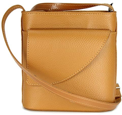 Belli italienische Ledertasche Damen Umhängetasche Handtasche Schultertasche mit zusätzlichem Klappfach in cognac - 18,5x18,5x7cm (B x H x T)