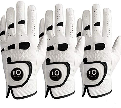 FINGER TEN Guanti da golf da uomo, mano sinistra e destra, con marcatore per palline, in pelle Cabretta, resistenti alle intemperie, resistenti all'usura (M, confezione da 3 (indossati sulla mano