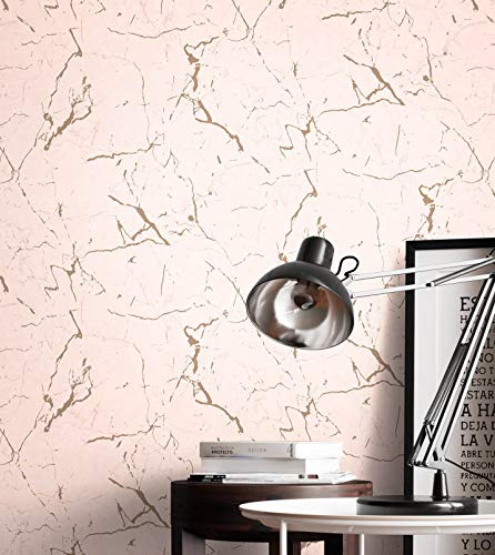 Newroom Vliestapete Rosa Marmoroptik Glänzend Tapete Schlafzimmer | Metallisch schimmernde Aderungen, glatte wolkige Oberfläche, goldbraune Akzente, Glamour Feminin, Mustertapete Büro