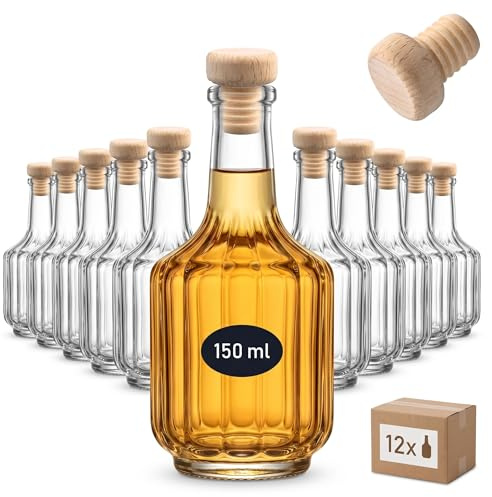 gouveo 12er Set Glasflasche 150 ml Prisma (0,15 l) mit Holzgriffkorken – Kleine Korkenflaschen aus Klarglas zum Befüllen für Likör, Öl, Essig & Sirup – auch als Deko-Vase