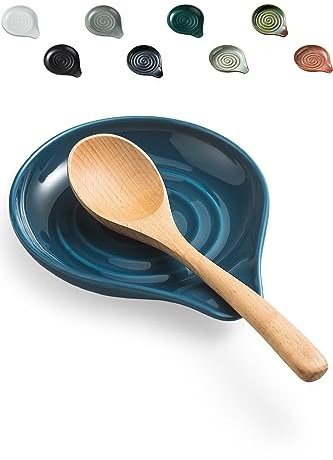 LAUCHUH Spoon Rest for Stove Top, Ceramic Spoon Holder for Kitchen Countertop, Large Cooking Utensil Rest for Spatula, Spoons or Tongs, Framhouse Decor, Blue, 5 Inches