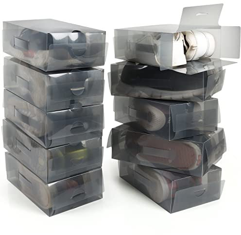 Kurtzy (Lot de 10 Boite de Rangement Chaussures en Plastique Gris - Rangement Chaussures pour Femmes, Hommes et Enfants - Pliables, Ondulées et Empilables pour le Rangement et le Voyage