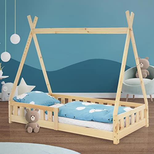 ML-Design Barnsäng Tipi 80x160 cm naturlig med fallskydd och lamellstomme, tillverkad av furu, indisk säng av massivt trä för flickor och pojkar, hus säng med staket barnhus ungdomssäng leksäng tält