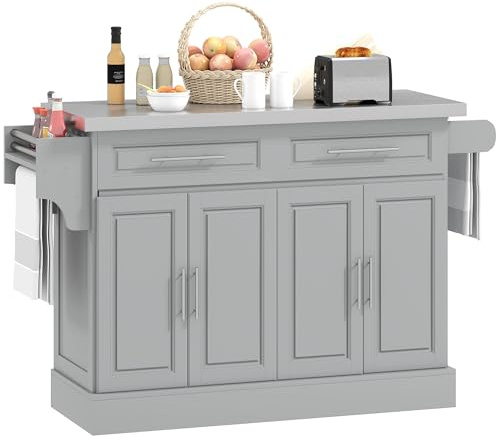 HOMCOM Rolling Kitchen Island Cart with 47 Stainless Steel Top, Portable Island Table for Kitchen with Wheels, Adjustable Shelves, 2 Drawers, Spice, Knife and Towel Rack, Gray