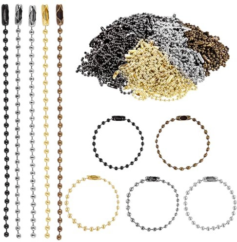 Keadic 250Pcs Ball Bead Chains Color Assortment Set, Silver/Black/Gun-Metal/Gold/Bronze Keychain Metal Hanging Chains with Connector Clasp for Christmas Ornament Key Rings Dog Tags