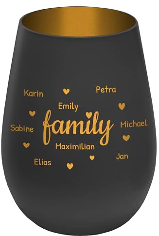 Windlicht mit Gravur Family - personalisierbar mit Namen - Schwarz/Gold - Höhe 12 cm - Teelichthalter Kerzenhalter Vornamen Familienmitglieder