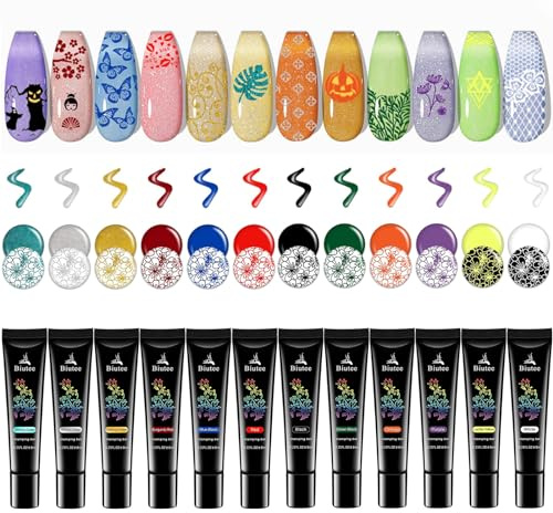 Biutee 8 ml Stamping Gellack Set, 12 Farben, Nail Art UV Nagellack | 12 deckende Farben für präzise Stempelmotive; unter UV/LED aushärten und mit Top Coat für bis zu 14 Tage versiegeln