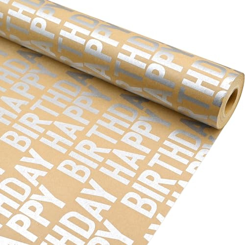 Silver Letters Kraft Paper Roll, 43cm×12m Happy Birthday Wrapping Paper