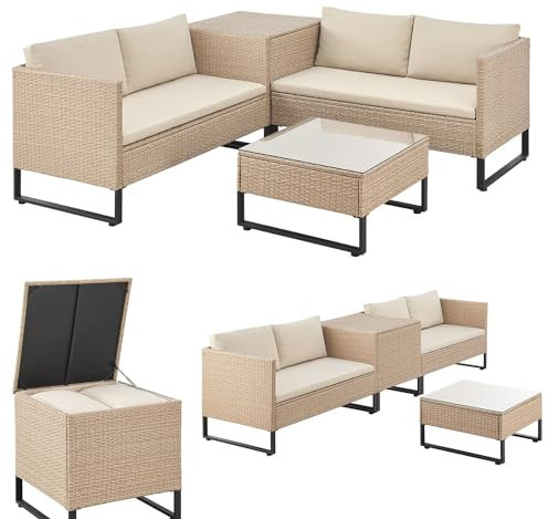 Juskys Outdoor Polyrattan Lounge Santorini - Gartenlounge mit Beistelltisch & Auflagenbox - Gartenmöbel Set Rattan Sitzecke wetterfest - Creme