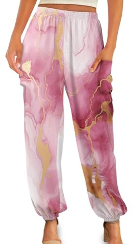 Gzzxiailg Pink Marble Kung fu Pant for Womens High Waist Tai Chi Pant Non-See-Through Pilates Dance Joggers Sporty Leggings with Pockets