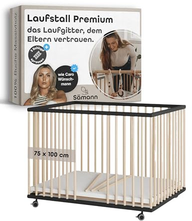 Sämann Laufstall Baby mit 3 Schlupfsprossen | TÜV geprüft | stufenlos höhenverstellbar | Laufgitter Premium | Babybett aus Holz | Krabbelgitter (schwarz/natur, 75x100 cm)