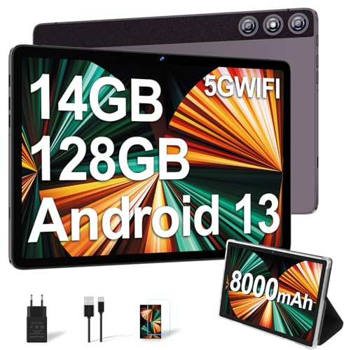 DMOAO Tablet 10 Pulgadas con 14GB RAM 128GB ROM, Android 13 Tablet 2 en 1, Octa-Core 1TB Ampliable, WiFi 5G, Cámara 8MP+5MP, 8000mAh, fTeclado, BT5.0/GPS/OTG, Gris