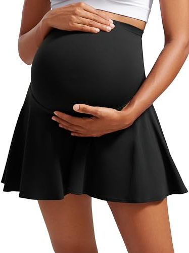 CRZ YOGA Butterluxe Maternity Flowy Tennis Skirts - High Waisted A Line Golf Athletic Casual Womens Pregnancy with Pockets Black Medium