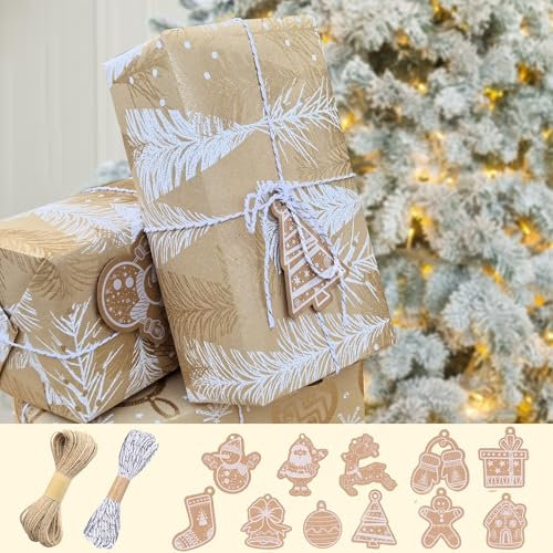 Weihnachten Geschenkpapier Rolle 43x1000cm Kraft Geschenkpapier Weihnachten mit Band, Xmas Geschenkanhänger, Recycelbar Geschenkpapier Rolle Set für Geburtstag Hochzeit Urlaub