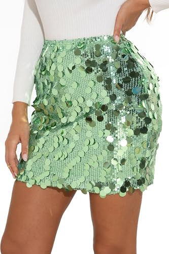 GUANYY Paillettenrock für Damen, dehnbar, figurbetont, zum Ausgehen, für Partys, glitzernde Mini-Röcke, Hellgrün, Groß