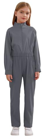 Freebily Unisex Kinder Arbeitsoverall Langarm Mit Elastische Taillenband Klempner Mechaniker Overall Einteilige Arbeitskleidung Grau 134-140