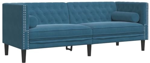 Hommdiy Chesterfield-Sofa,Polstersofa Loungesofa Wohnzimmersofa mit Nackenrollen 3-Sitzer Blau Samt