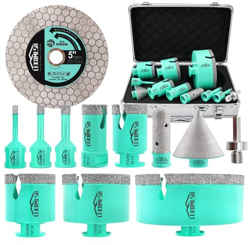 LEKOMESH Tile Hole Cutter Set-(6/8/10/25/35/50/68/110mm+20mm Finger Bit+50mm Chamfer Bit+HEX Adapter+Saw Blade) Diamond Tile Hole Saw Kit for Porcelain Tile Ceramic Marble Brick Concrete M14 Thread