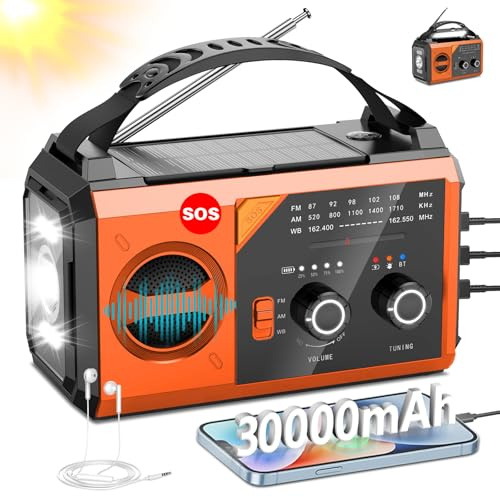 Radio météo AM/FM NOAA 30 000 mAh avec chargeur de téléphone portable, radio solaire avec lampe de poche LED, charge USB, boussole, alarme SOS, camping et survie (orange)