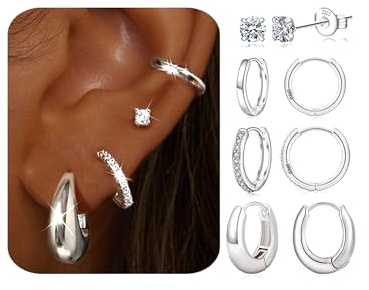 JEMERA Sterling Silver Hoop Earrings for Women Hypoallergenic Small Silver Earrings for Women Silver Huggie Hoop Earrings Cubic Zircon Stud Earrings 4 Pairs Chunky Silver Earrings Set