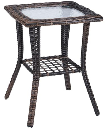 Bonnlo Rattan Beistelltisch mit Glasplatte, Balkonmöbel Grau/Braun, Gartenmöbel klein, Balkontisch Outdoor wetterfest, 46x46x57 cm (Braun)
