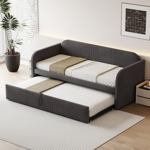 DULRLLY Bett Ausziehbar Schlafsofa 90/180x190 cm Klappsofa Tagesbett Klappbar Polsterbett mit Lattenrost Schlafcouch Bett für Wohnzimmer Kinderzimmer Schlafzimmer (Dunkelgrau)