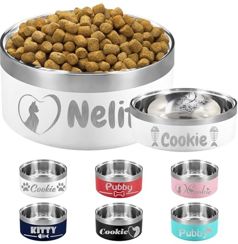 Gamelle personnalisée avec nom en acier inoxydable pour chien et chat - Pour eau et nourriture - Antidérapante - Durable - Gravée - Blanc - 510,3 g, 907,2 g, 1290,7 g, 1,814 g