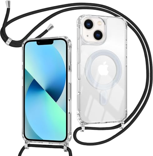 ZYIMOU für iPhone 13 / iPhone 14 Hülle mit Band Kompatibel mit MagSafe, Transparent Magnetische Handyhülle mit Kordel zum Umhängen Handyband Stossfest Schutzhülle，Kette Schwarz