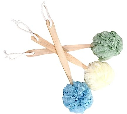 BIUDECO 3 pièces Brosse de Bain à Long Manche Bois avec Fleur de Bain Éponge Douce pour Massage Dos Exfoliation et Nettoyage Corporel Accessoire Écologique